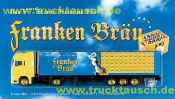 Franken Bräu (Mitwitz) mit gelbem Kastenstapel und Bügelflasche