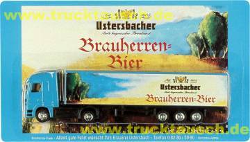 Usterbacher Brauherren-Bier, mit Schrift (hinten) und Bäumen (vorn) in Landschaft