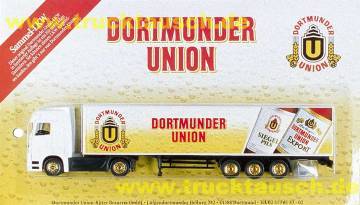 Dortmunder Union mit Logo und 2 Flaschen (Siegel-Pils und Export), mit weißer Sonnenblende