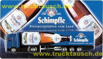 Schimpfle Bierspezialitäten vom Land, mit liegender Flasche und Logo