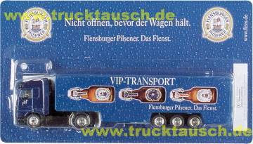 Flensburger VIP-Transport, mit 3 liegenden Flaschen vor Hintergrund mit Tropfen