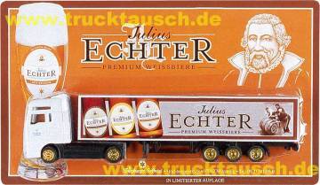 Würzburger Hofbräu Julius Echter, mit 3 Flaschen und SW-Bild von 3 fassrollenden Männern