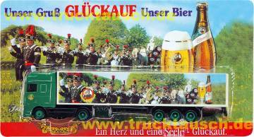 Glückauf Biere (Gersdorf) mit Bergmannskapelle, Pferdewagen, Glas und Flasche