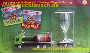 Hist. Brauereifahrzeuge Nr.47, Brauhaus Plagwitz (Leipzig), mit liegender Bock Hell Flasche und
