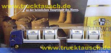 Kulmbacher mit je 2 Metallfässern auf LKW und Hänger
