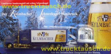 Kulmbacher mit Schneegestöberkugel (3 Kästen, Schneemann, Baum) auf Hänger