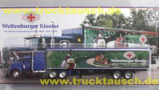 Weltenburger Kloster Bier mit Glas und Flasche vor Landschaft; Original-Truck auf Blister