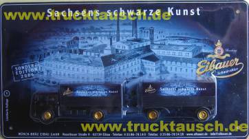 Eibauer SE 2006/1, schwarze Kunst, Skoda Hängerzug, mit Brauereizeichnung auf Blechschild im Ei