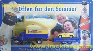 Mauritius (Zwickau) Schild Nr. 6, Offen für den Sommer, mit VW Käfer Cabrio auf Tandemhänger, m